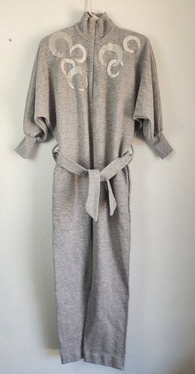 Lucie Ann Pants - Lucie Ann Beverly Hills Jumpsuit Gray Long Sleeve Shoulder Pads Pockets Belt